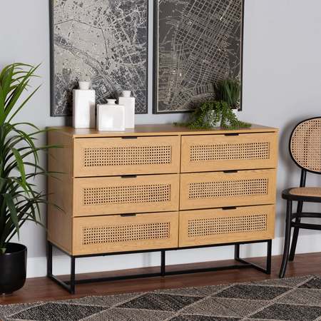 BAXTON STUDIO Sawyer MidCentury Oak Brown Finished Wood and Black Metal  Storage Cabinet with Natural Rattan 223-12921-ZORO